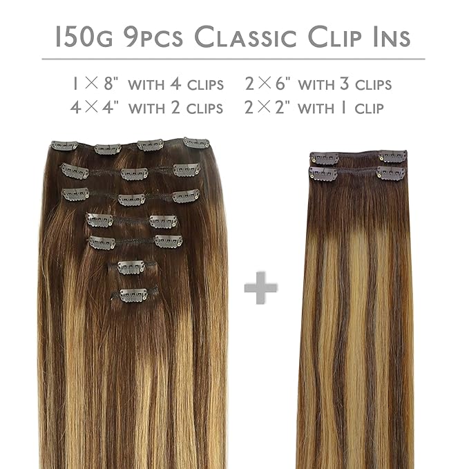 WENNALIFE Clip in Hair Extensions, 150g 18 Inch 9pcs Balayage Chocolate Brown to Caramel Blonde Remy Hair Thicker Double Weft Extensiones De Cabello Humano Con Clip Ins Straight Full Volume