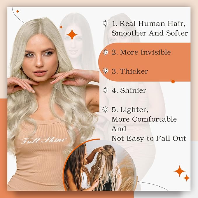 Full Shine Pu Tape in Hair Extensions Human Hair Blonde Tape in Extensions Silky Brazilian Human Hair Blonde Color 613 Double Sided Adhesive Tape ins Human Hair Extensions 24 Inch 50 Gram 20Pcs