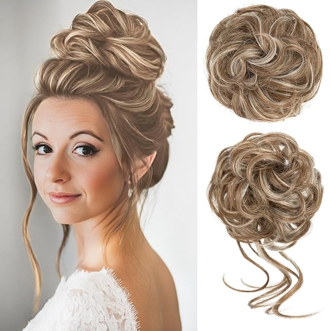 CJL HAIR 2PCS Messy Bun Hair Pieces Wavy Curly Synthetic Updo Chignon Fake Scrunchies Ponytail Extension for Women Beige Multi