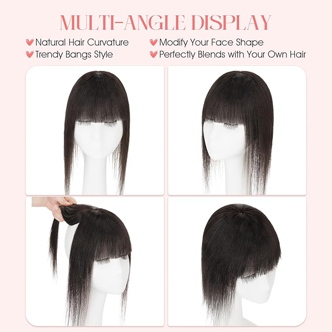 Hairro Mono Hair Toppers with Bangs, 3.4" x 3.4" Mono Base 100% Real Human Hairpieces for Women, 150% Density Clips In Topper for Greyish Thinning Hair, 16 Inch Natural Black