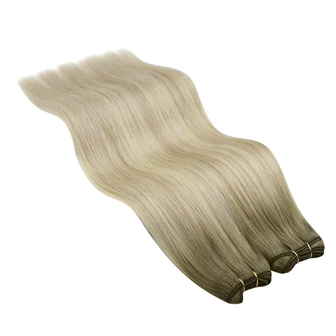 YoungSee 100g Sew in Hair Extensions Real Human Hair Ombre Human Hair Weft Extensions Ash Blonde Ombre Platinum Blonde Highlights Sew in Hair Extension for Short Hair 14inch