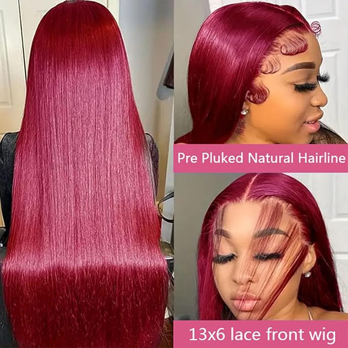 Burgundy Wig Human Hair 30inch 13x6 HD Transparent Lace Straight 99J Red Human Hair Wig Colored Reddish Brown Lace Frontal Wigs 180% Density Pre Plucked