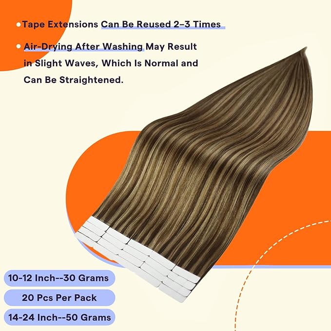 Full Shine Human Hair Tape in Extensions 16 Inch Seamless Tape In Hair Extensions Human Hair Color 4 Medium Brown Highlight 27 Honey Blonde 50g Double Side Remy Hair Extensions 20PCS for Party