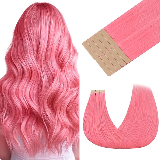 GOO GOO Tape in Hair Extensions Human Hair, Light Pink, 22inch 30g 10pcs, Colored Tape ins Human Hair Extensions, Silky&Soft Invisible Tape Ins, Hair Highlighted for Party