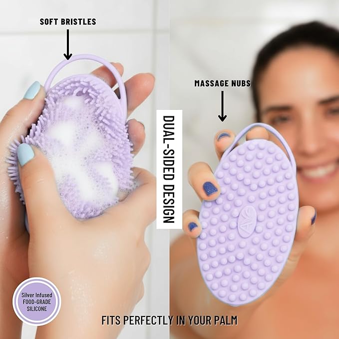 Silver Infused Silicone Body Scrubber Shower - Gentle Back Scrubber Soft Bristles - Avilana Premium Dual Sided Bath Brush Massage - Advanced Material Loofah Alternative - Gift Women Men