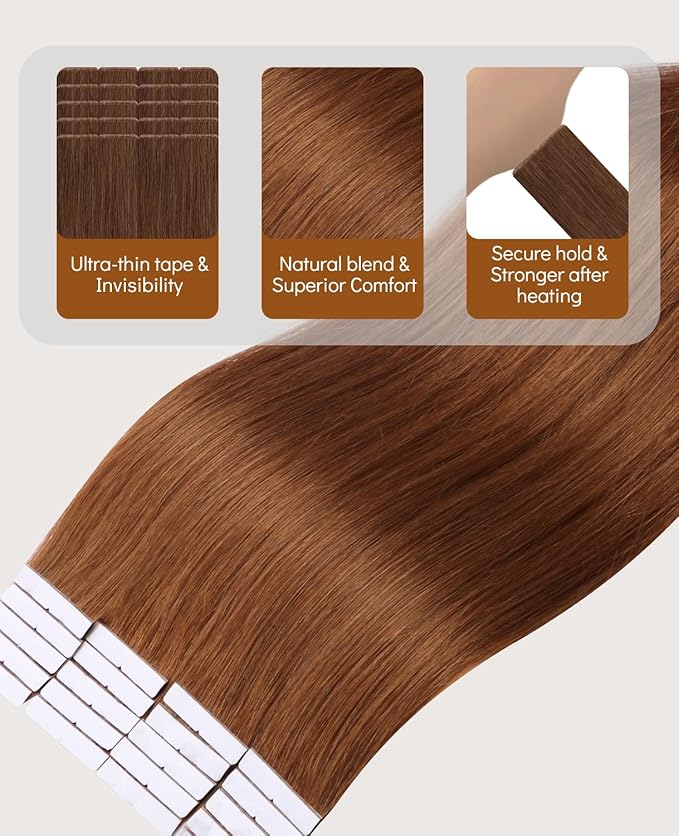 VINBAO Invisible Tape in Hair Extensions Human Hair Copper 45g 16in 20pcs Seamless Injected Tape in Hair Extensions Auburn Injection Tape-ins Pro Quality 16inch #33