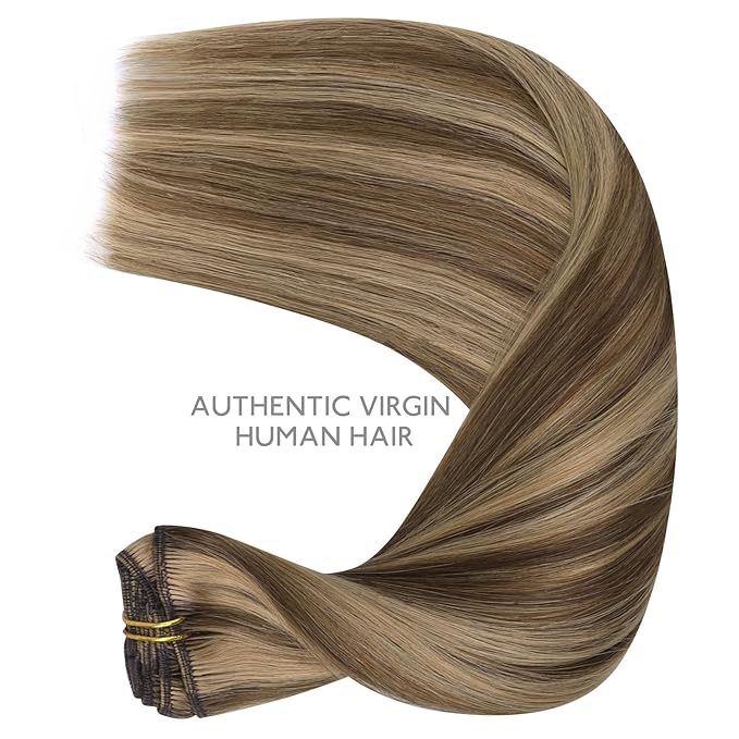 WENNALIFE Clip in Hair Extensions Real Human Hair, 20 Inch 120g 7pcs Human Hair Extensions Clip In Human Hair, Balayage Chocolate Brown to Caramel Blonde Hair Extensions Clip In Real Hair Coloured