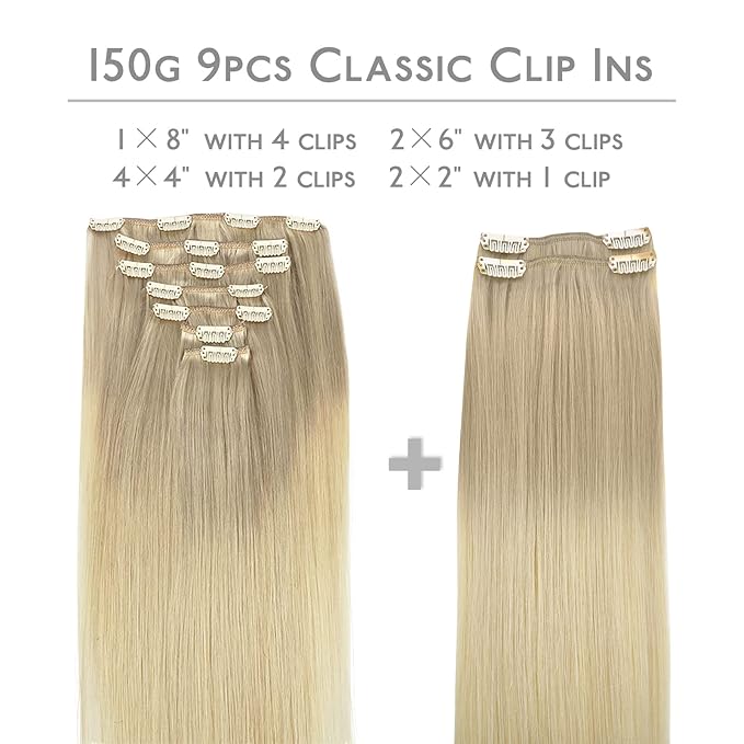 WENNALIFE Clip in Hair Extensions, 150g 18 Inch 9pcs Ash Blonde to Golden Blonde and Platinum Blonde Human Hair Extensions Thicker Clip in Hair Extensions Real Human Hair Clip Set Double Weft