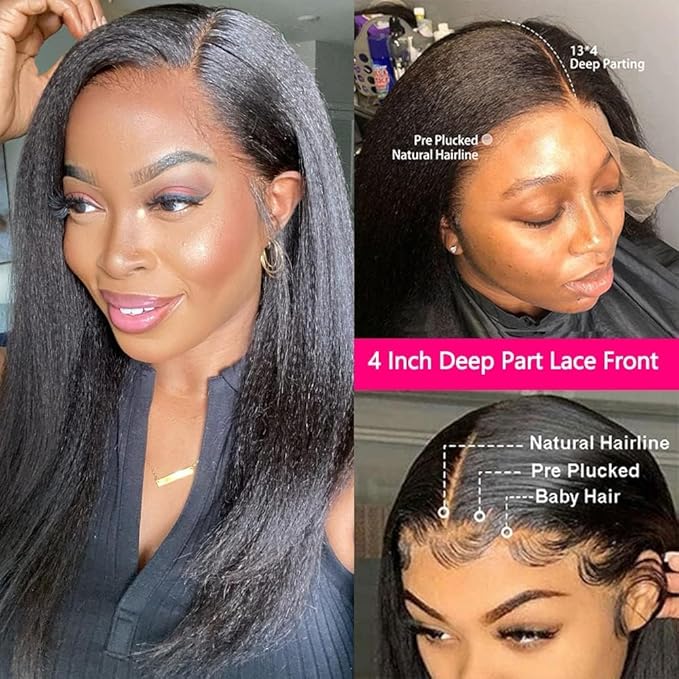 GOLFMAX 30 Inch Yaki Straight Lace Front Human Hair Wig 13x4 Transparent Lace Frontal Wig Pre Plucked Hairline 100% Human Hair Wigs For Black Women Kinky Straight Natural Hairstyles