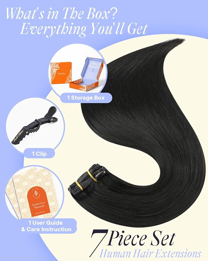 Full Shine Black Extensions Clip in 220 G 24 Inch Long Black Hair Extensions Clip in Human Hair for Length 7 Pcs