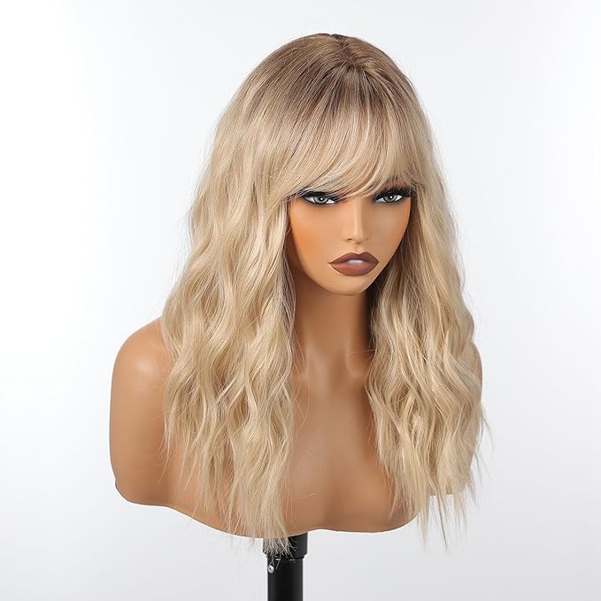 Curly Bob Wig with Bangs Short Wavy Ombre Blonde Wigs for Women Bob Style Synthetic Heat Resistant Bob Wigs 14IN