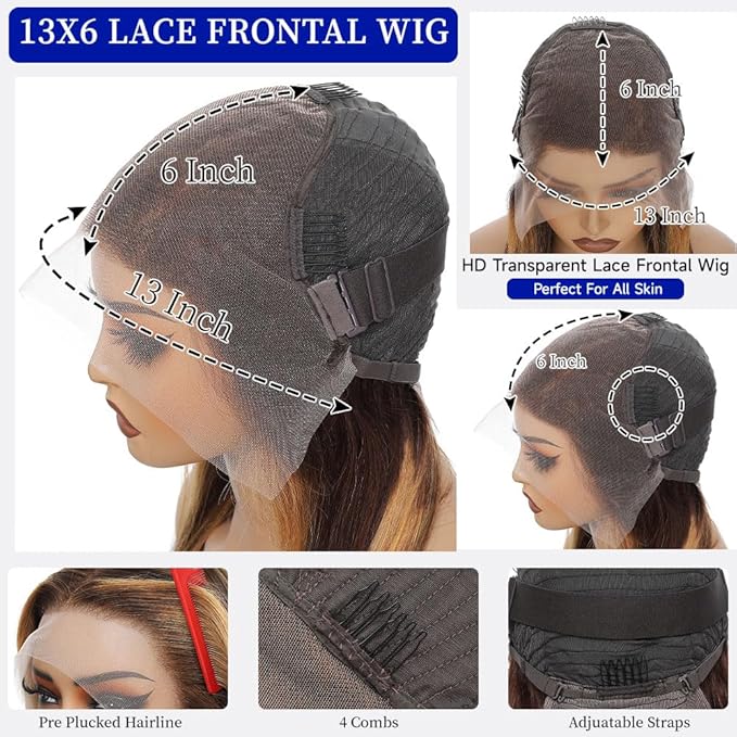 36 Inch Ombre Lace Front Wig Human Hair 200 Density 13x6 Honey Blonde HD Lace Frontal Real Virgin Human Hair Wigs Invisilbe Hairline Tiny Knots Pre Plucked Highlight Brown 4/27 Colored