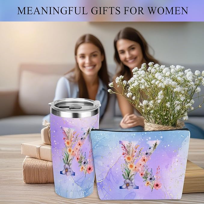 Personalized Gifts Monogrammed Birthday Gifts for Women, Soul Sister Bachelorette Party Wedding Christmas Initial 20 oz Tumbler, Makeup Bag Cup Pens Journal Notebook 6 Set, (Aesthetic Purple Flower K)