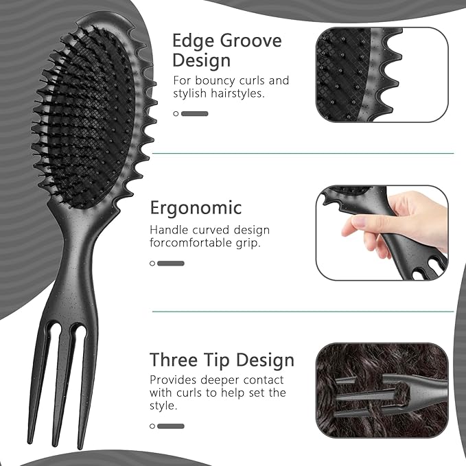 Curly Hair Brush Set,Curl Defining Brush for Curly Hair,Trident Handle Design,Detangling & Shaping & Defining Curls for Women and Girls,Wet or Dry Hair(Black)