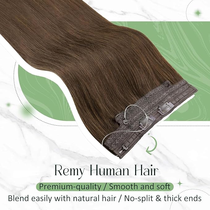 RUNATURE Invisible Wire Hair Extensions Real Human Hair Brown, 14 Inch 70g One Piece, Invisible Wire Hair Extensions Medium Brown, Straight Silky Hair, Add Hair Thickness for Women #4