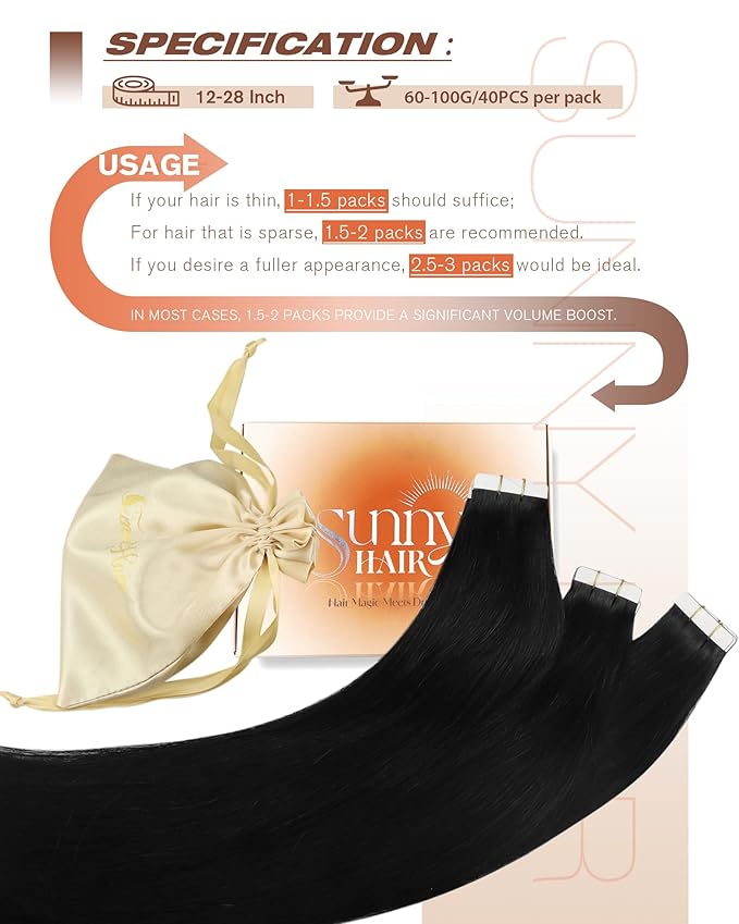 Sunny Hair Tape in Hair Extensions Human Hair 26inch Hair Extensions Real Human Hair Tape in Extensions for Women Jet Black Invisible Remy Hair Natural Straight Skin Weft Double Sided Tape 40pcs 100g