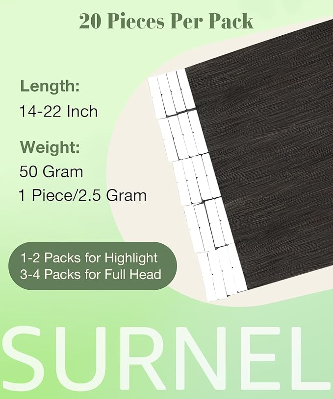 SURNEL Tape in Hair Extensions Human Hair 16 inch #2 Darkest Brown Hair Extensions Tape in 20 pcs 50g(#2-16)