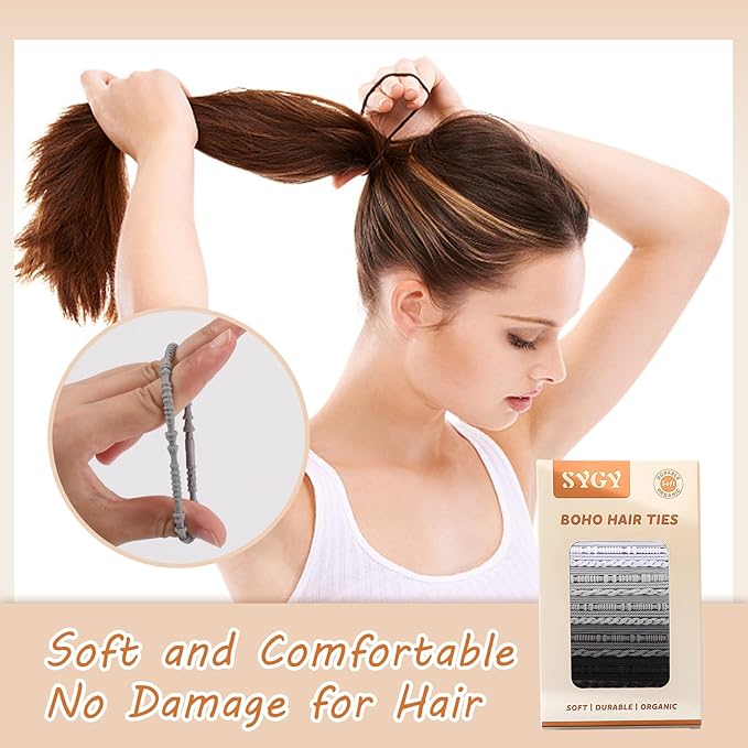 20 PCS Boho Hair Ties - 4 Styles for Ponytail Holders, No-Damage Grey Bracelets for Thick or Thin Hair