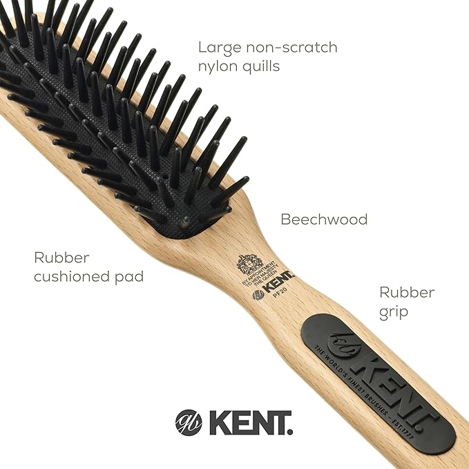 Kent PF20 Narrow Cushion Paddle Brush - Taming Fat Pins, Detangling Long Thick and Curly Hair, Scalp Massager and Growth Stimulator for All Hair Types, Made in England