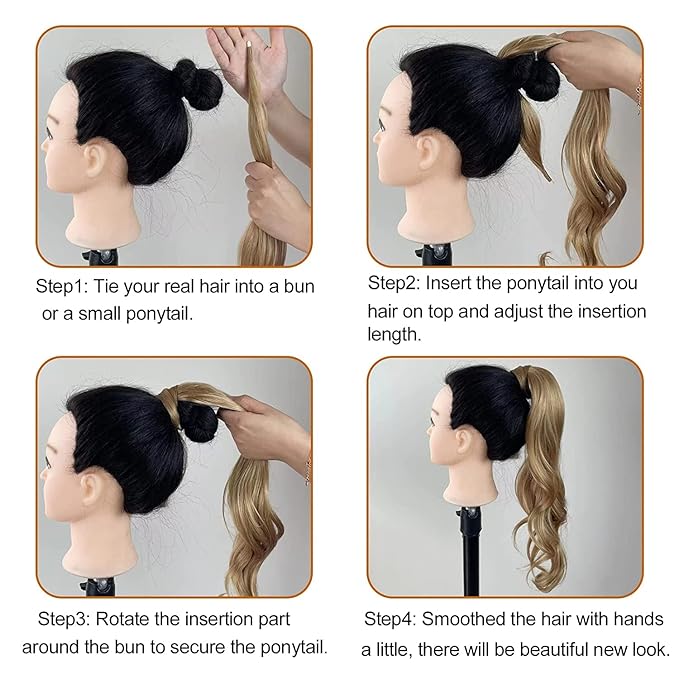 Chicmoi Dark Brown Ponytail Extainson 32 Inch Flexible Wrap Around Ponytail Hair Extension Color 4 Long Wavy Pony Tails hair Extension 4# Synthetic Hairpieces For Women and Girls