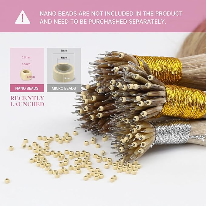 YoungSee Nano Hair Extensions Real Human Hair Blonde Highlight Nano Ring Remy Hair Extension Ash Brown Highlights Golden Blonde Pre Bonded Nano Extensions Silky Straight 16 inch 50g 50s