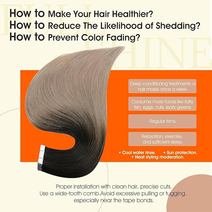 Full Shine Tape in Hair Extensions Color 1B/18 Ombre Black To Blonde Double Sided Tapes Hair Extensions 20Pcs 50G Remy Tape in Extensions Human Hair 14Inch Straight Skin Weft Hair Extension for Women