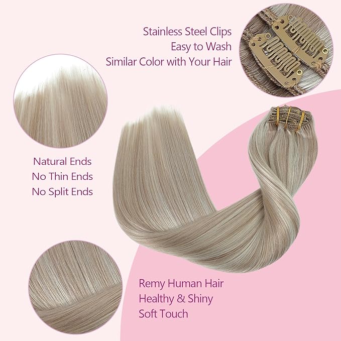 PINKPEARL Clip in Hair Extensions #18P1000 Ash Blonde Highlighted Gray Blonde 7pcs 20 Inch 120g Real Remy Hair Extensions Clip in Human Hair(#18P1000-20)