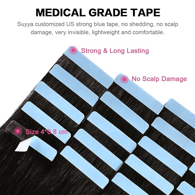 SUYYA Tape in Hair Extensions Human Hair Off Black 26 Inch 60g/pack 20pcs Straight Seamless Skin Weft Tape in Real Human Hair Extensions(26inch #1B Off Black)