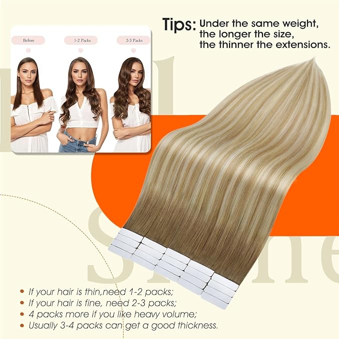 Full Shine Ombre Tape in Hair Extensions Real Human Hair Color 6/27/60 Balayage Blonde Invisible Tape in Extensions 30G Remy Hair Extension 12Inch Straight Seamless Skin Weft 20Pcs Silky Soft