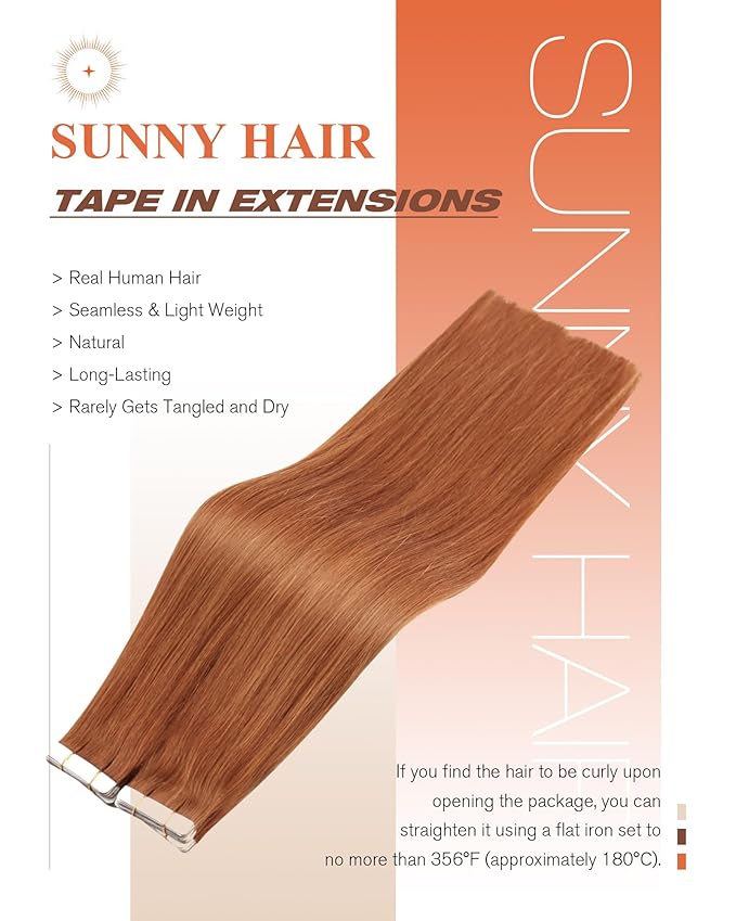 Sunny Hair Tape in Hair Extensions Real Human Hair Invisible Remy Hair Extensions Tape ins for Women Copper Red 16 inch 20Pcs 50G