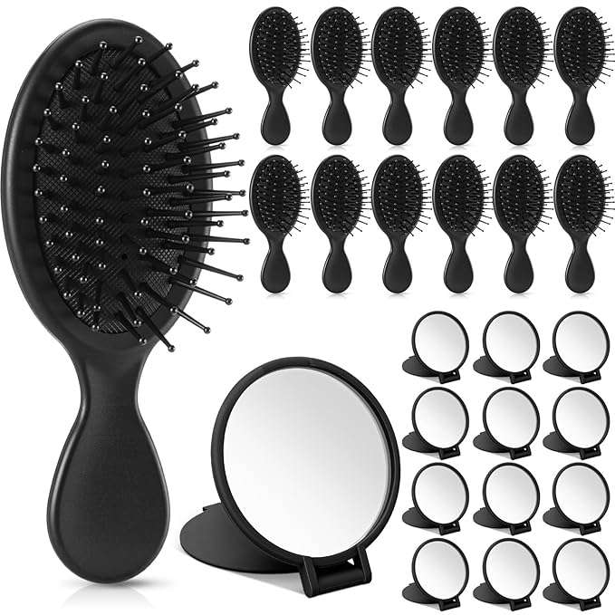Meanplan 24 Pcs Mini Hair Brush Set 12 Travel Wet Dry Hair Combs Pocket Detangling 12 Compact Folding Makeup Mirrors for Spa Sleepover Birthday Bridal Shower Bachelorette Christmas Party Gift (Black)