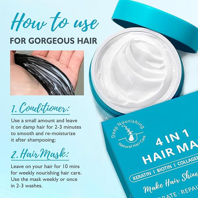 Deep Conditioning Hair Mask for Damaged Hair Treatment - Keratin Hair Care for Hydrating Repair for Dry, Curly, Color-Treated & Frizzy Hair - Controls Frizz, Fixes Split Ends, Boosts Shine, 4.06 fl.oz