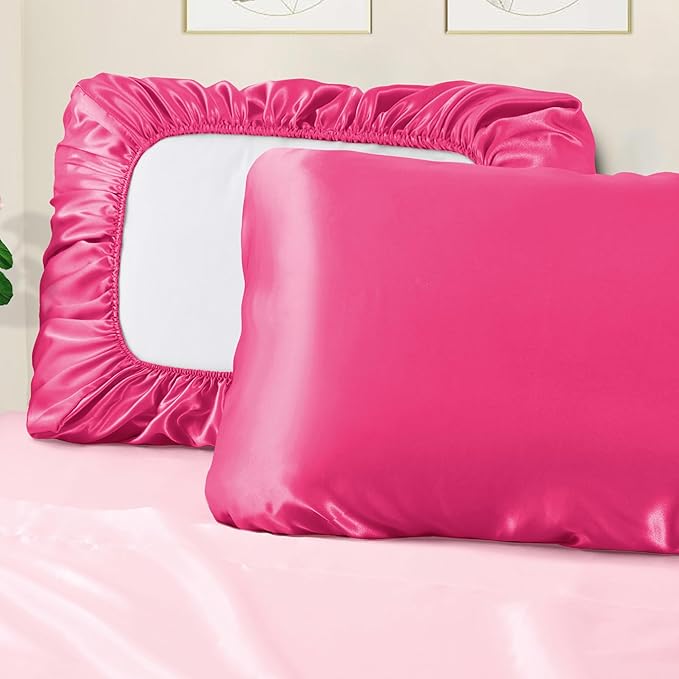 Manyshofu Satin Pillowcases for Hair Protection - 1Pcs Hot Pink Pillow Cases, Elastic Band Standard & Queen Satin Pillowcases Luxury Silky Pillow Cases Travel Pillow Covers