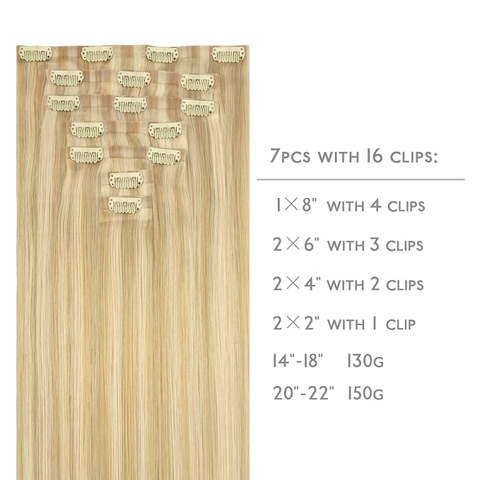 WENNALIFE Seamless Clip In Hair Extensions, 20 Inch 7pcs 150g Light Blonde Highlighted Golden Blonde Hair Extensions Clip In Real Human Hair Extensions Invisible PU Weft Human