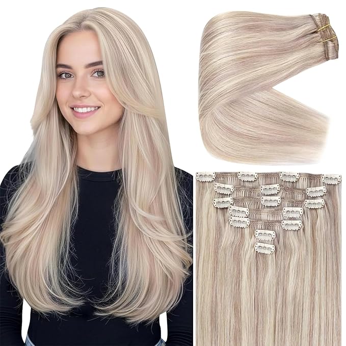Ve Sunny Clip in Hair Extensions Real Human Hair Ash Blonde Highlight Bleach Blonde Human Remy Hair Extensions Clip ins Short Hair Thick 12inch 80g 5pcs