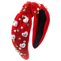 Valentines Day Red Pearl Headband for Women, Wide Rhinestone beaded Headbands Non Slip Knotted Fashion Hair Accessories for Christmas Valentines New Year Gifts