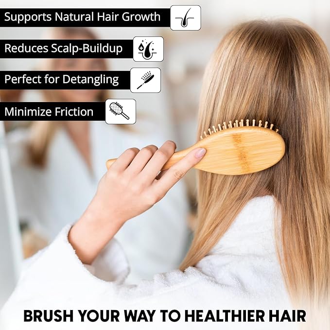 Bamboo Brush for Hair Growth — Natural Bristle Brush for Detangling, Reduces Breakage, Massaging Scalp Thick/Thin/Curly/Dry/Wet Hair — Wooden Paddle brush w/Ergonomic Handle Ideal for Women & Men