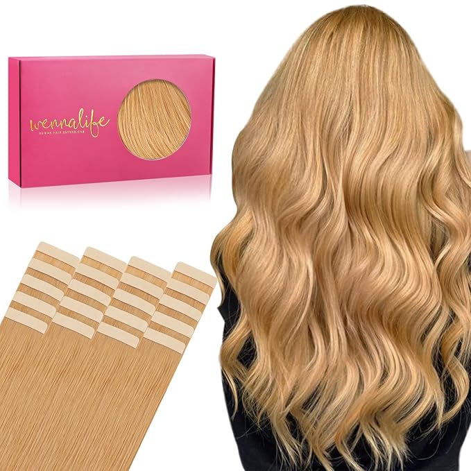 WENNALIFE Tape in Hair Extensions Human Hair, 20pcs 50g 20 inch Strawberry Blonde Remy Hair Extensions Straight Human Hair Tape in Extensions Skin Weft Tape Extensions Human Hair