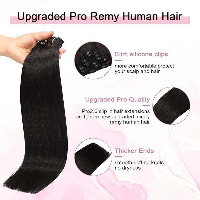 Pro2.0 Clip in Hair Extensions Real Human Hair 22inch 7pcs #1B Natural Black Remy Real Hair Extensions Clip in Human Hair 120g Thick Double Weft（#1B-22inch）