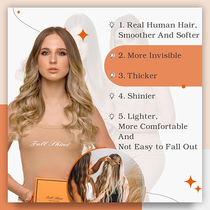 Full Shine Tape in Human Hair Extensions Seamless Tape ins Extensions 14 Inch 10 Golden Brown to 14 Dark Blonde Balayage Hair Extensions Tape in 50 Gram Straight Invisible Tape Hair 20pcs