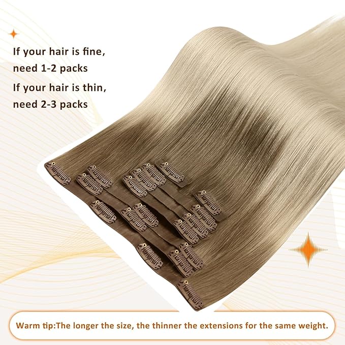 Full Shine Seamless Clip in Hair Extensions 18 Inch Ash Brown Ombre Platinum Blonde Human Hair Extensions for Thick Ends Add Volume for Long Hair 8 PCS 120 Grams