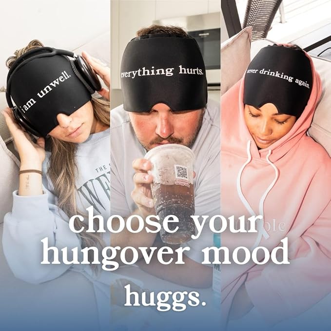 Huggs Migraine Relief Cap - Never Drinking Again - Cooling Gel Head Wrap, Cold Compress Cap for Headache, Stress, & Tension