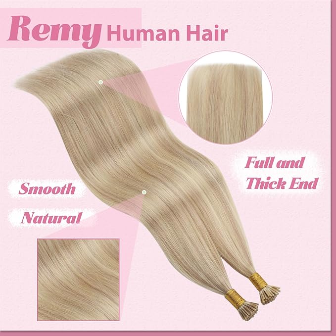 YoungSee I Tip Hair Extensions Blonde I Tip Hair Extensions Human Hair Ash Blond with Blonde Highlight Itip Hair Extension 18 Inch 60s 50g I-Tips Human Hair Extension Natural Looking