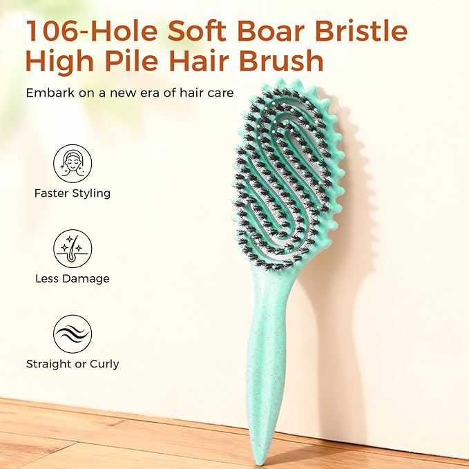 Curly Hair Brush, Curl Defining Brush with Soft Boar Bristles for Combing, Shaping, and Styling Curly Hair Suitable for All Women and Men with Wet & Dry Hair(Green)