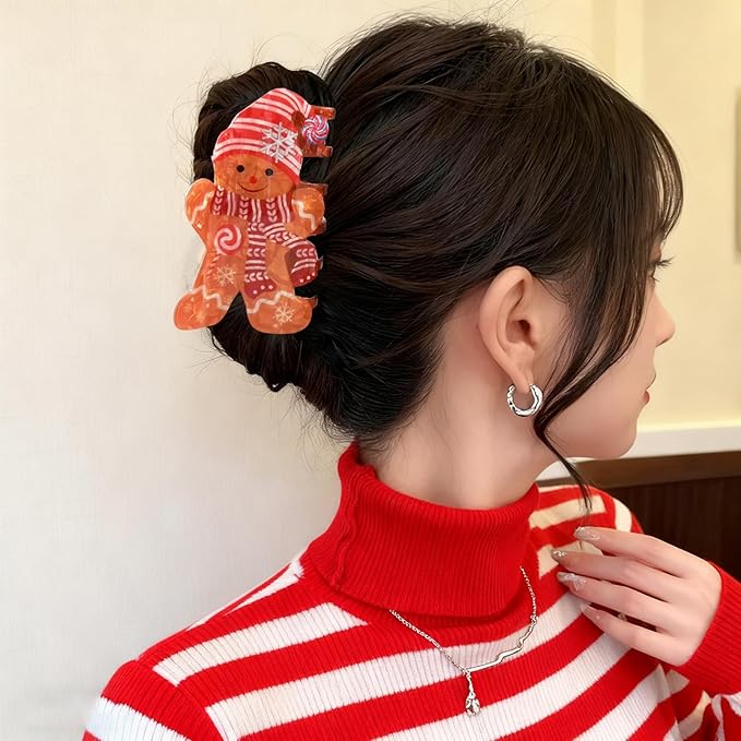 Christmas Hair Clips Gingerbread Man Hair Claw Clips with Red Hat Scarf Design Snowflake Candy Cane Hair Barrettes Cartoon Pattern Xmas Hair Accessories Funny Christmas New Year Claw Clip for Women