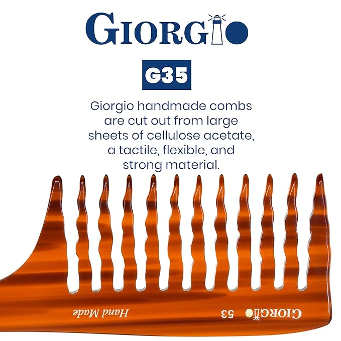 Giorgio G53 Wide Tooth Comb for Curly and Thick Hair - Handmade Detangler Rake Comb for Wet or Dry Hair, Hand Polished (8")