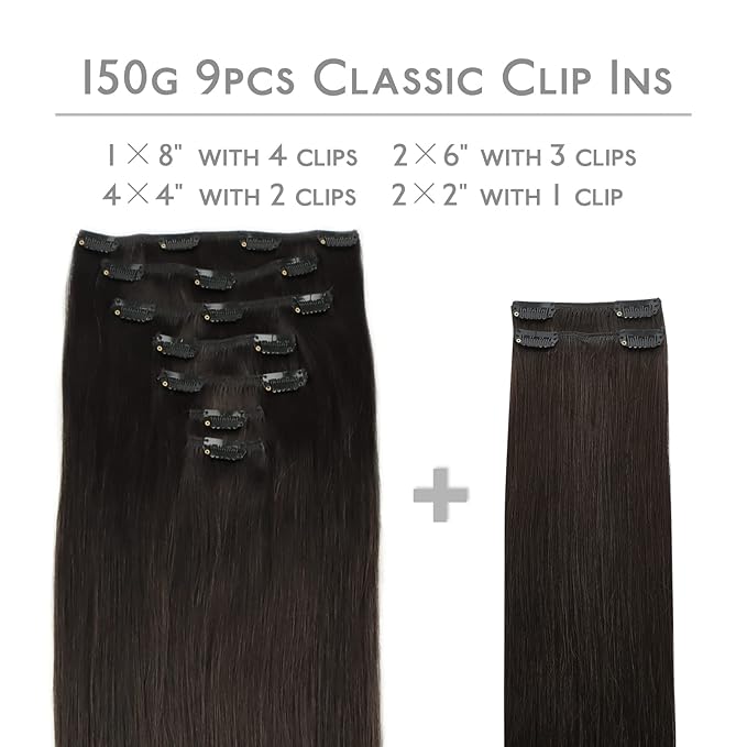 WENNALIFE Clip in Hair Extensions, 150g 14 Inch 9pcs Dark Brown Remy Hair Thicker Double Weft Extensiones De Cabello Humano Con Clip Ins Straight Full Volume