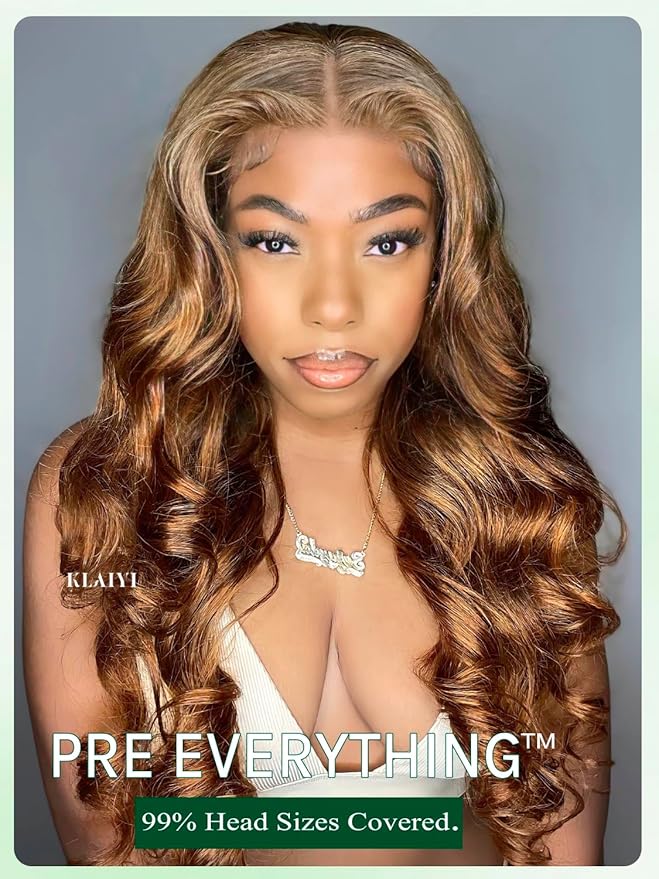 KLAIYI Wear And Go Glueless Wig Bye Bye Knots 13x4 Precut Lace Front Wigs Human Hair Ombre Highlight Blonde Body Wave Wig Pre Bleached Pre Everything Pre Plucked with Baby Hair 3S Ready to Wear 24Inch