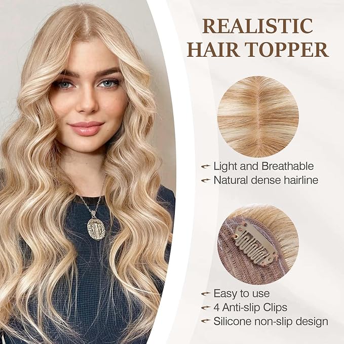 Rich Choices Hair Toppers for Women Real Human Hair 100% Human Remy Toppers NO Bangs with Thinning on Top Clip in Hairpiece 4"x4.7"Lace Base 12 Inch #12P613 Golden Brown Highlights Bleach Blonde
