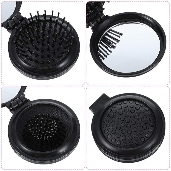 2PCS Folding Travel Mirror Hair Brushes, Round Folding Mirror Pocket Hairbrush, Foldable Hair-Brush with Makeup-Mirror for Women, Portable Mini Pop Up Hair-Brushes for Wet and Dry Hair (Black, Pink)